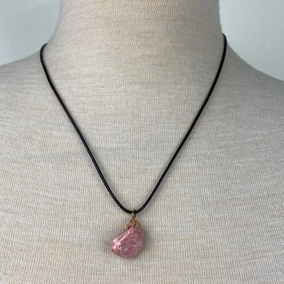 Jewelry - Pink Stone Pendant on Black Leather Cord Necklace